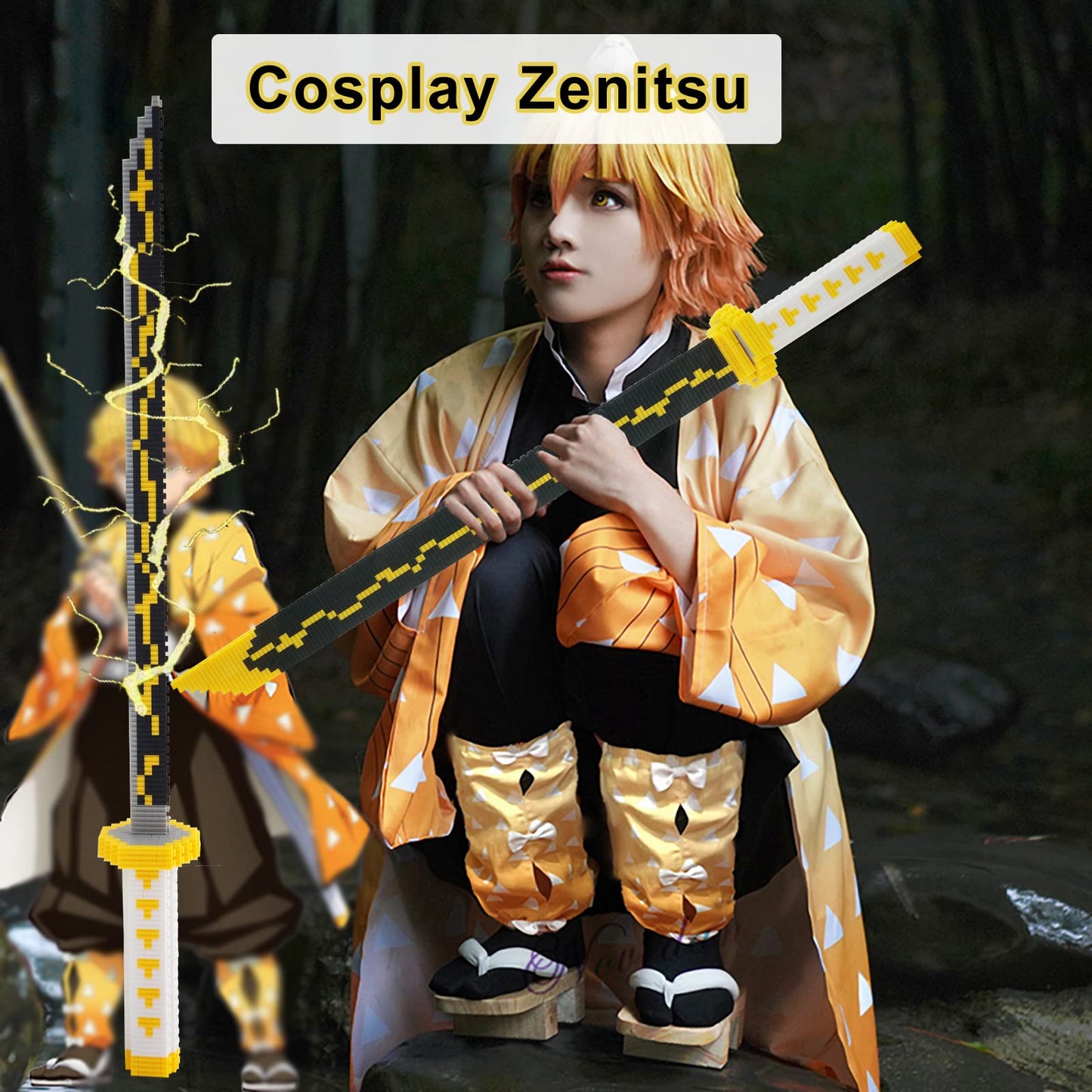 Beego Anime Sword Building Kit – 1000+ Pieces, 27.8in Zenitsu Katana with Scabbard & Stand
