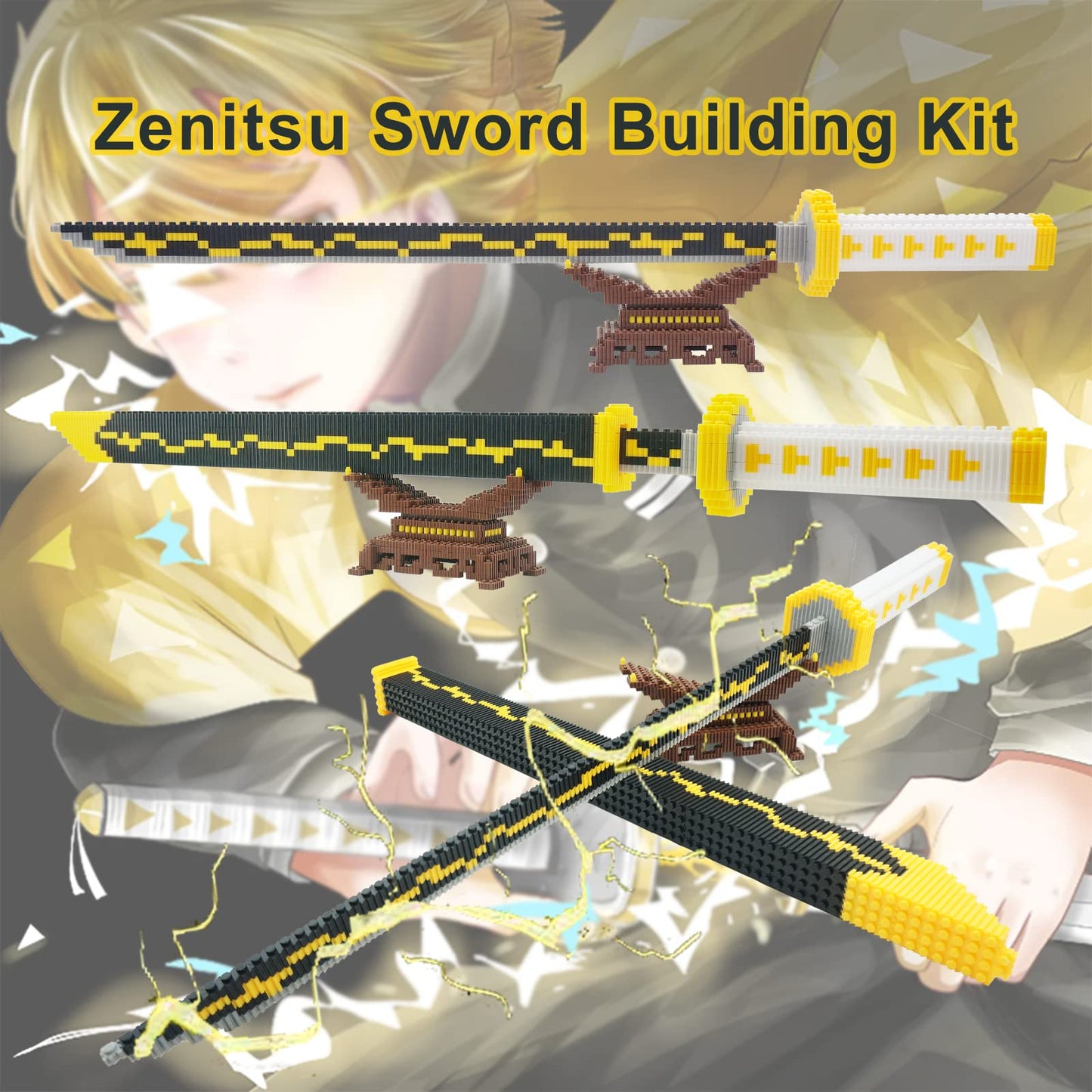 Beego Anime Sword Building Kit – 1000+ Pieces, 27.8in Zenitsu Katana with Scabbard & Stand