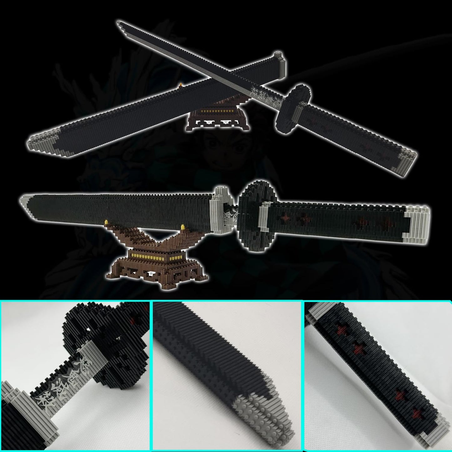 Beego Kill Demon Sword Building Kit – 22.8" Tanjirou Black Katana with Scabbard & Stand (1401PCS)