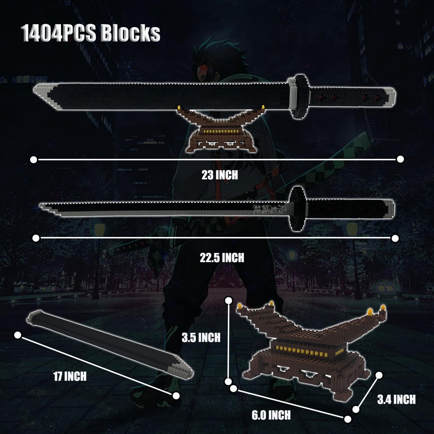 Beego Kill Demon Sword Building Kit – 22.8" Tanjirou Black Katana with Scabbard & Stand (1401PCS)