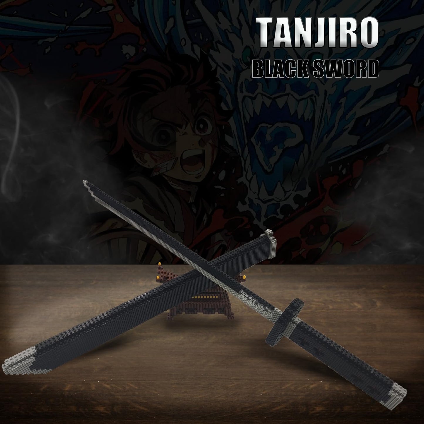 Beego Kill Demon Sword Building Kit – 22.8" Tanjirou Black Katana with Scabbard & Stand (1401PCS)