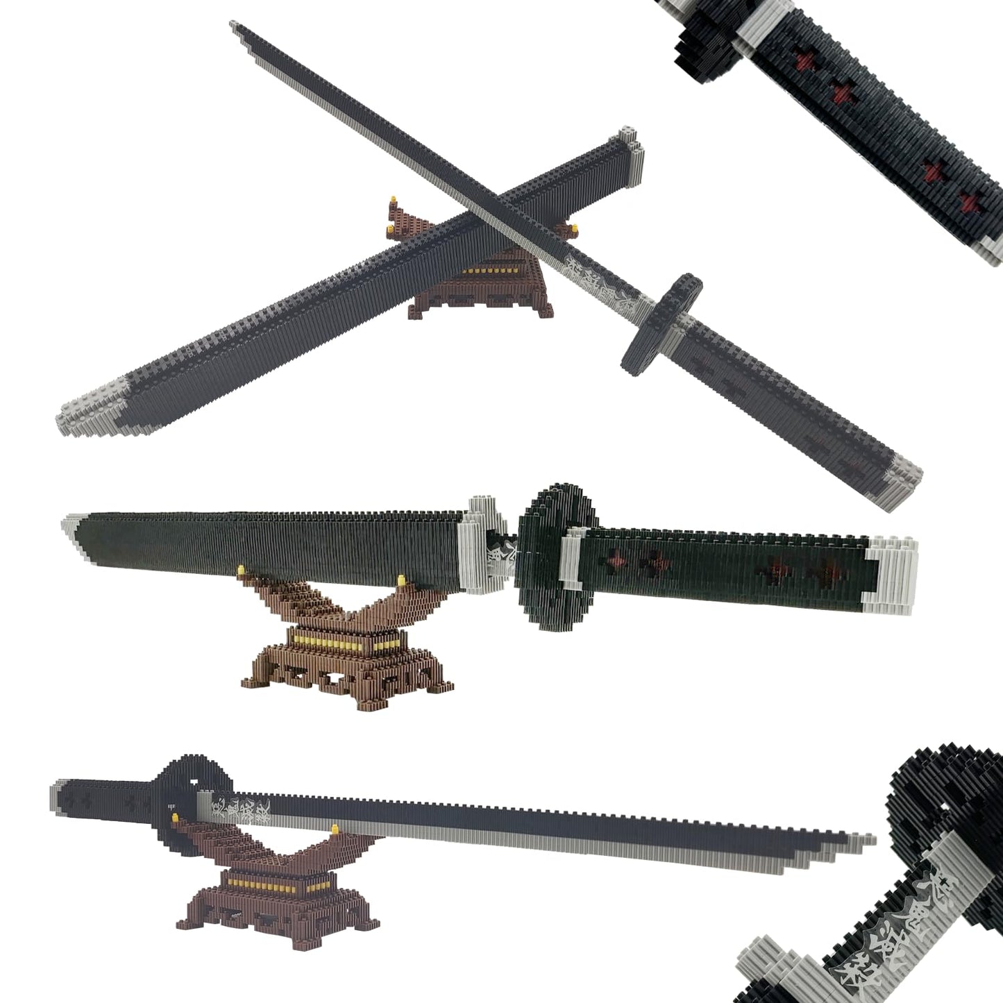 Beego Kill Demon Sword Building Kit – 22.8" Tanjirou Black Katana with Scabbard & Stand (1401PCS)