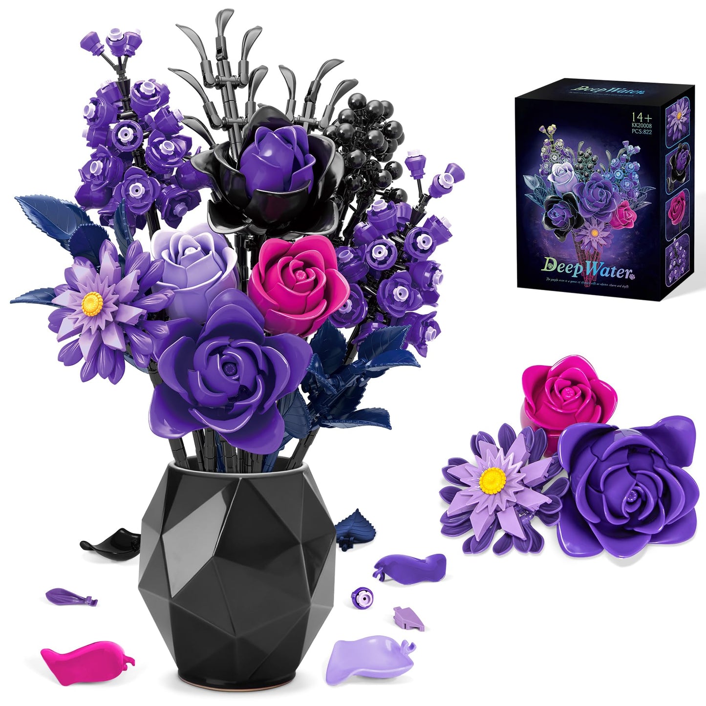 BeepZipp Artificial Flower Bouquet | Black Purple Lego-Compatible Roses