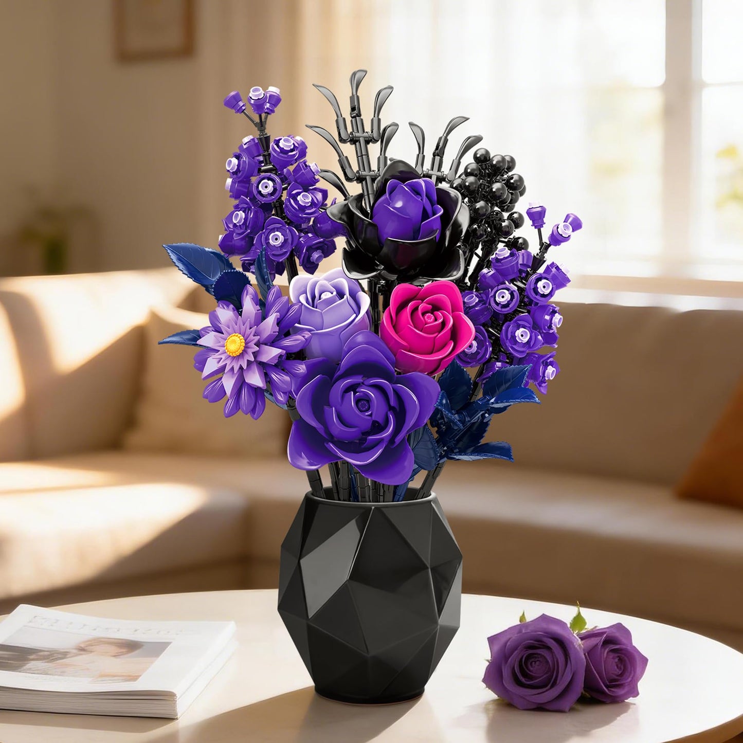 BeepZipp Artificial Flower Bouquet | Black Purple Lego-Compatible Roses