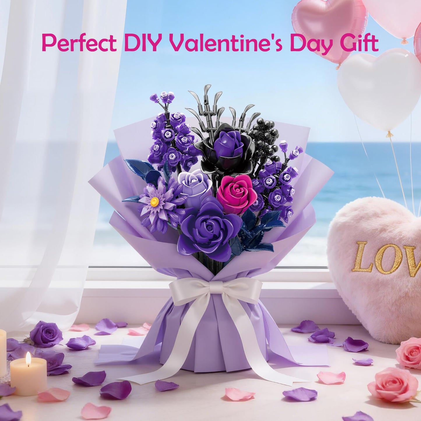 BeepZipp Artificial Flower Bouquet | Black Purple Lego-Compatible Roses