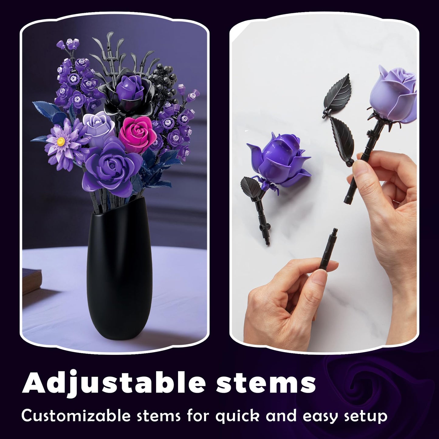 BeepZipp Artificial Flower Bouquet | Black Purple Lego-Compatible Roses