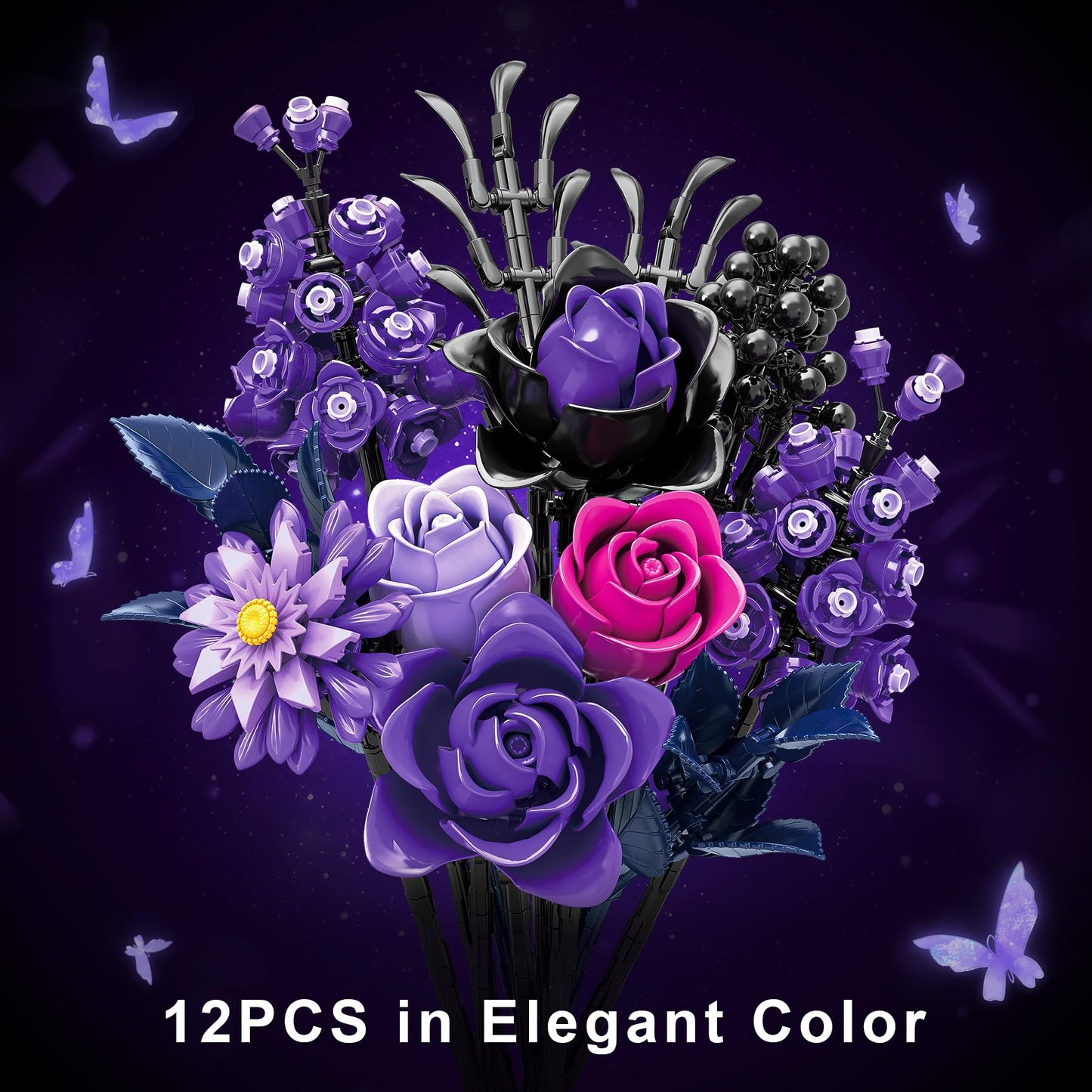 BeepZipp Artificial Flower Bouquet | Black Purple Lego-Compatible Roses
