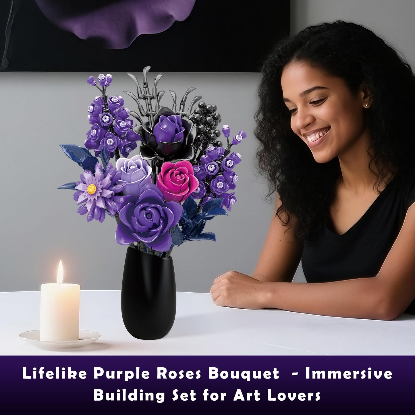 BeepZipp Artificial Flower Bouquet | Black Purple Lego-Compatible Roses