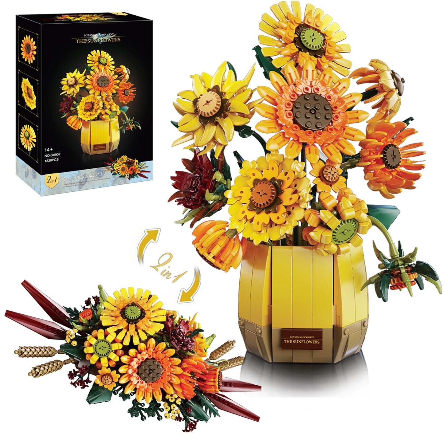 BeepZipp 2 in 1 Sunflower Building Set with Vase – 1328 Pieces, 11.8in Tall