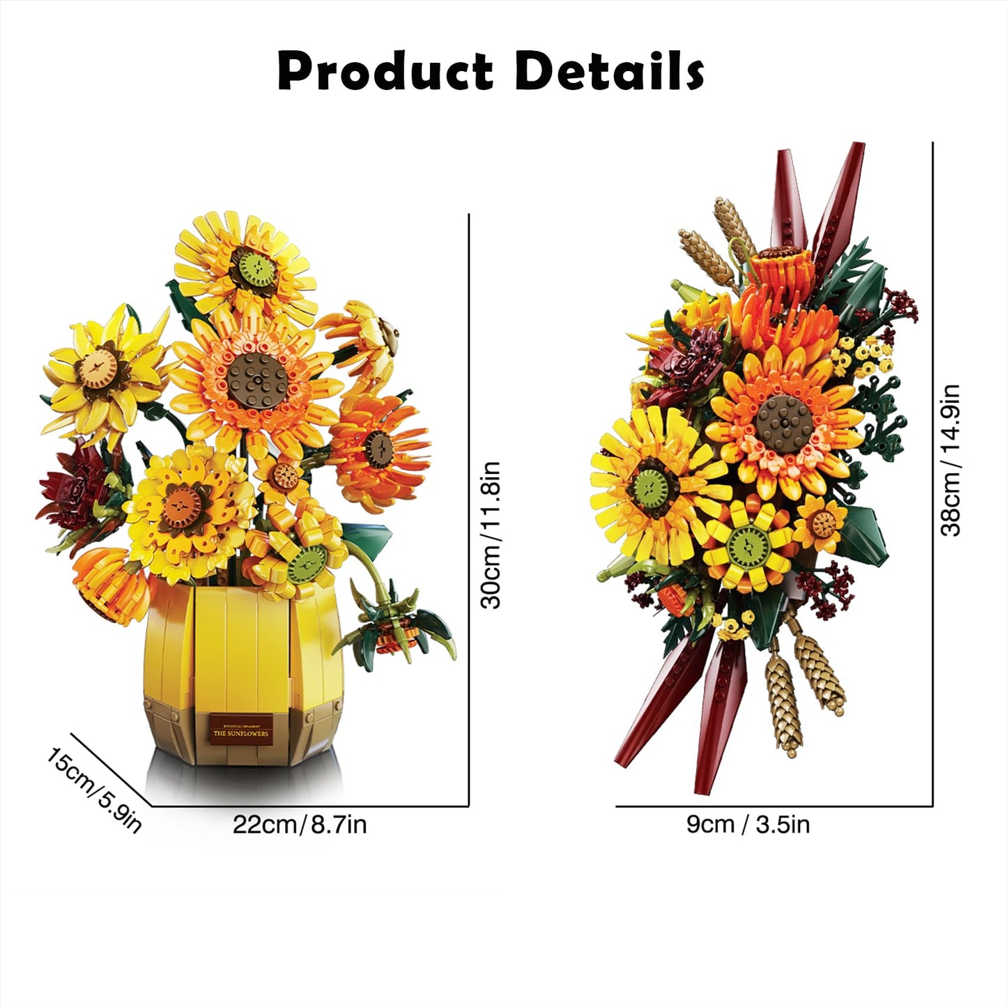 BeepZipp 2 in 1 Sunflower Building Set with Vase – 1328 Pieces, 11.8in Tall