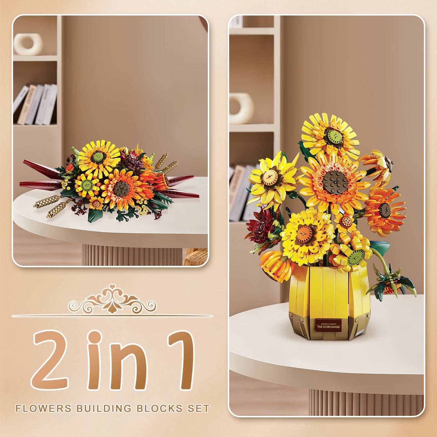 BeepZipp 2 in 1 Sunflower Building Set with Vase – 1328 Pieces, 11.8in Tall