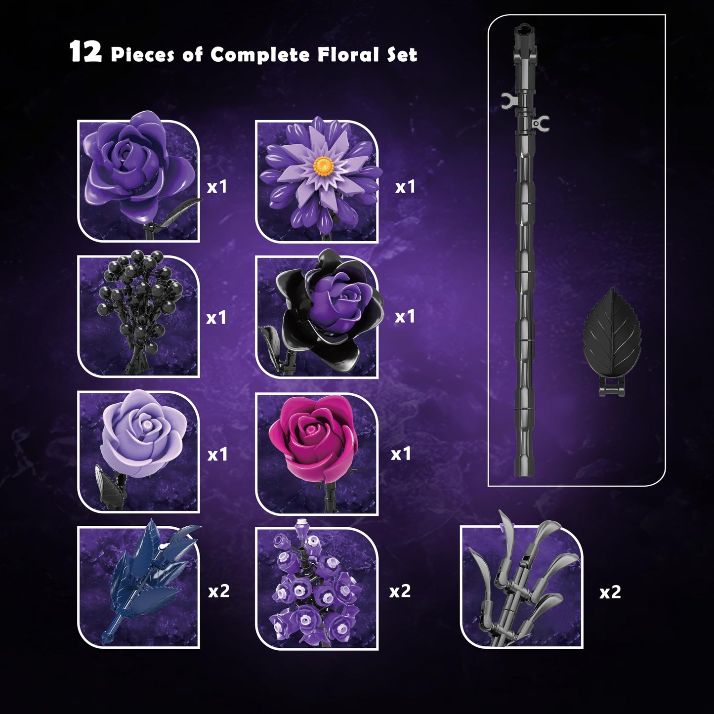 BeepZipp Artificial Flower Bouquet | Black Purple Lego-Compatible Roses