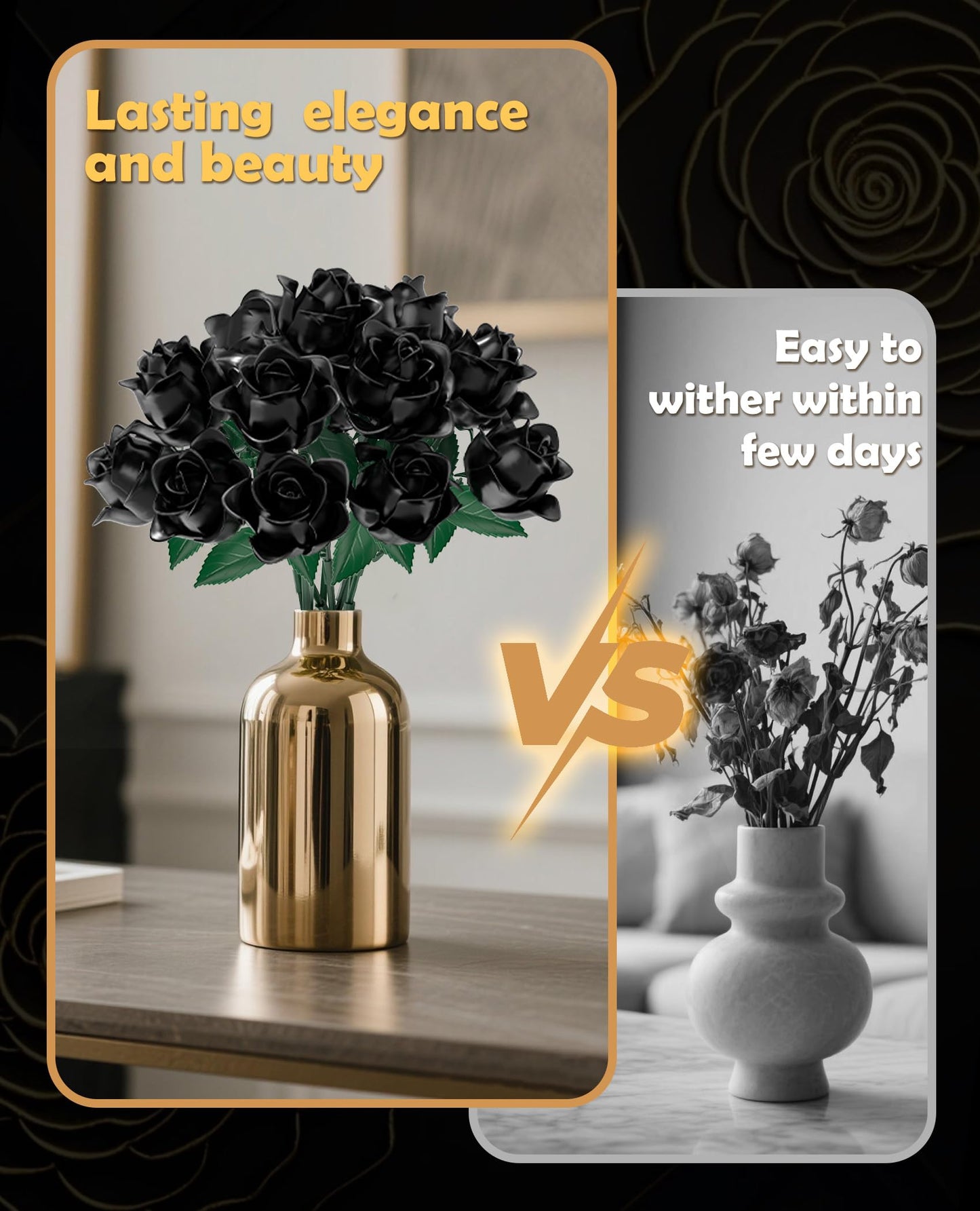 BeepZipp Black Roses Building Set – Lego-Compatible Bouquet, Gift Idea