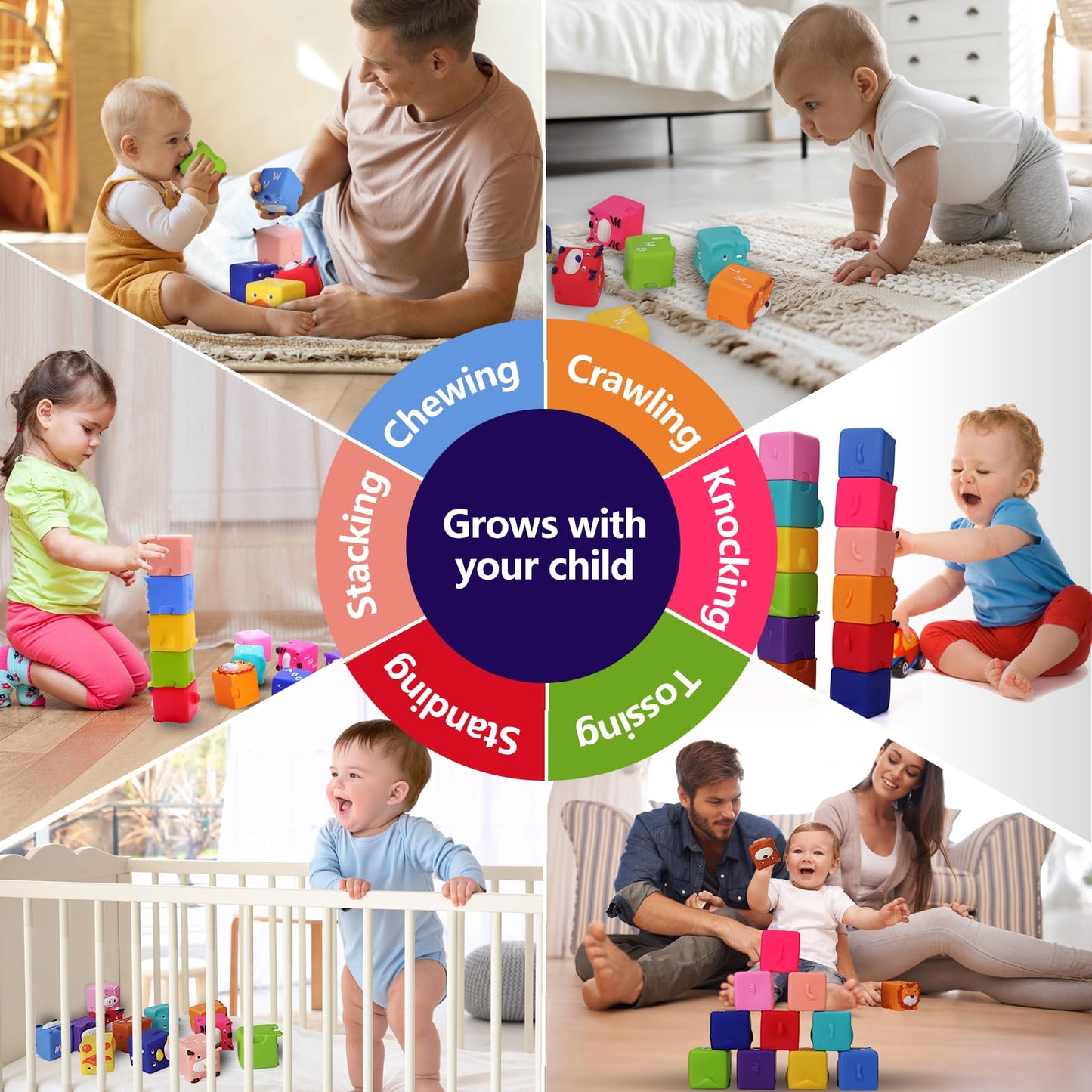 Beeqoo Soft Baby Blocks – 12 No-Hole Squeeze Animals for Teething, Stacking & Sensory Learning