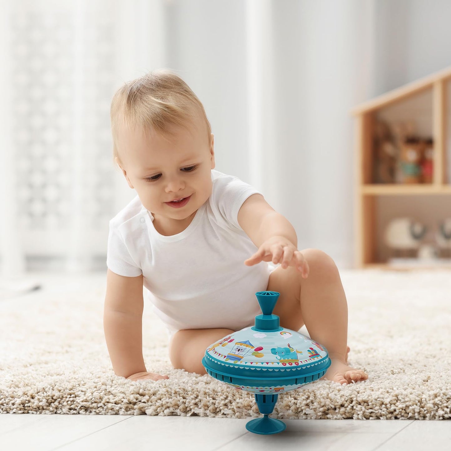 Beeqoo Humming Top Tin Spinning Toy – Large 7.9” Parade Spinner for Toddlers 18 Months+