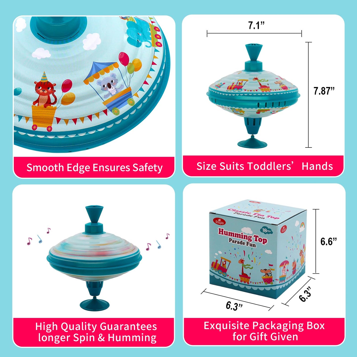 Beeqoo Humming Top Tin Spinning Toy – Large 7.9” Parade Spinner for Toddlers 18 Months+
