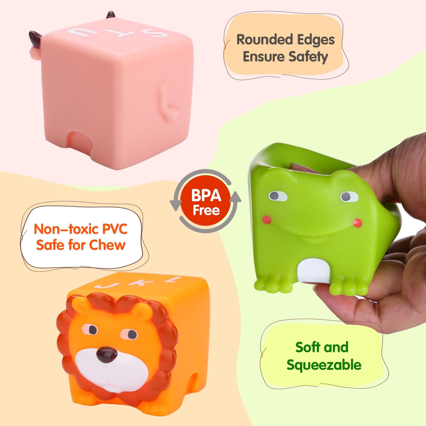 Beeqoo Soft Baby Blocks – 12 No-Hole Squeeze Animals for Teething, Stacking & Sensory Learning