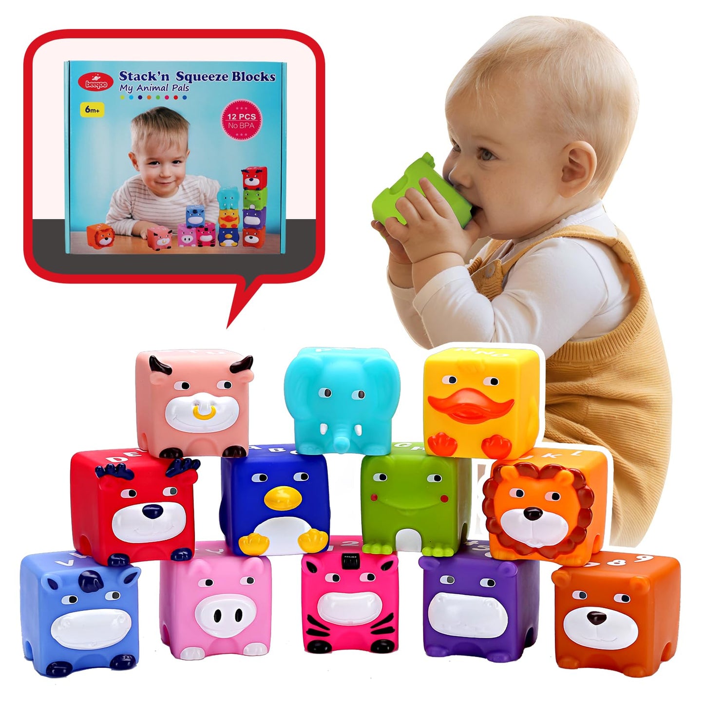 Beeqoo Soft Baby Blocks – 12 No-Hole Squeeze Animals for Teething, Stacking & Sensory Learning