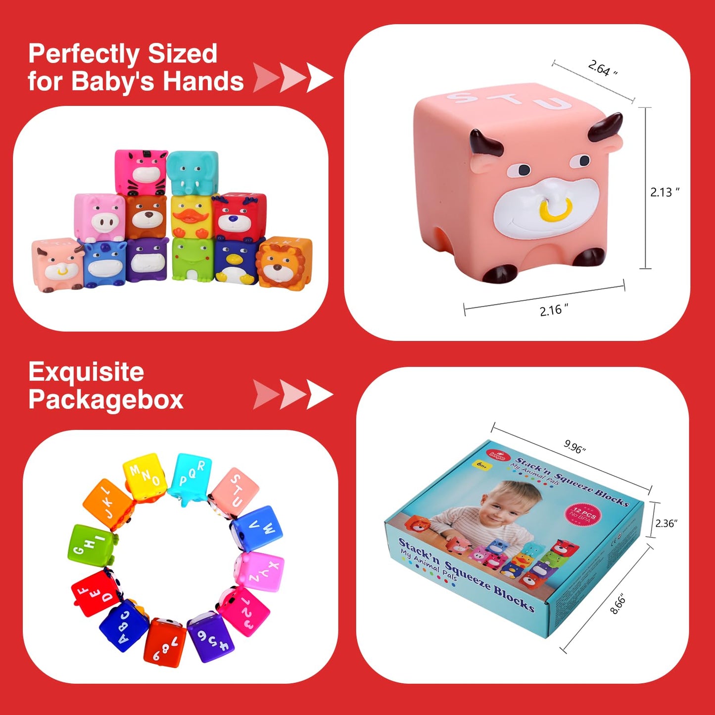 Beeqoo Soft Baby Blocks – 12 No-Hole Squeeze Animals for Teething, Stacking & Sensory Learning