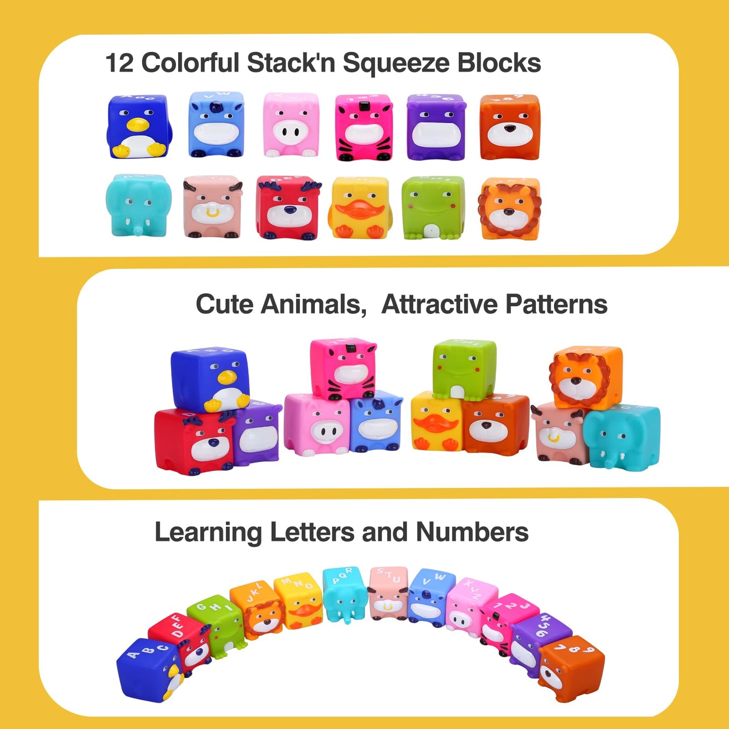 Beeqoo Soft Baby Blocks – 12 No-Hole Squeeze Animals for Teething, Stacking & Sensory Learning