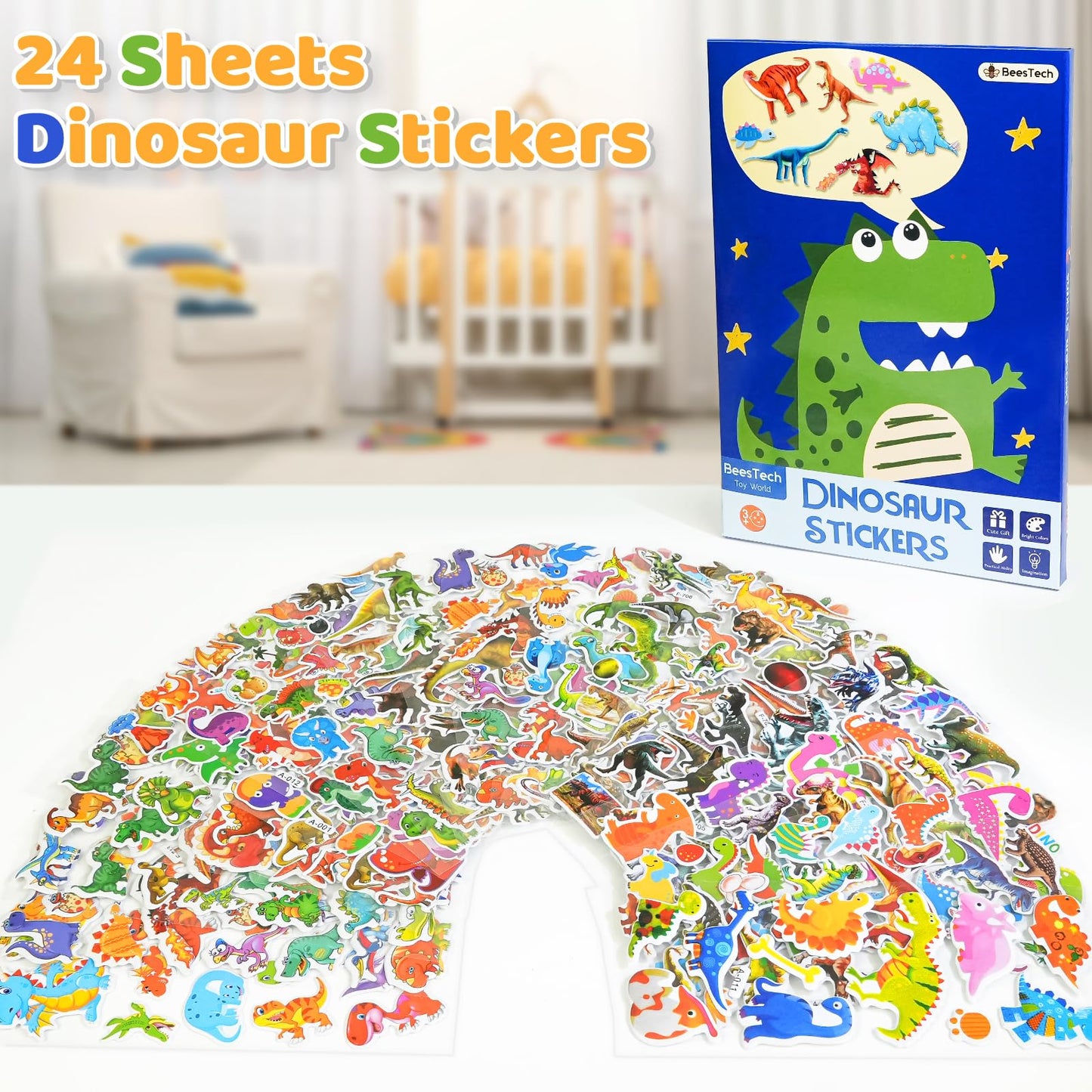 Beestech 24 Sheets Dinosaur Stickers – 450+ Dinos for Kids, Rewards & Party Favors
