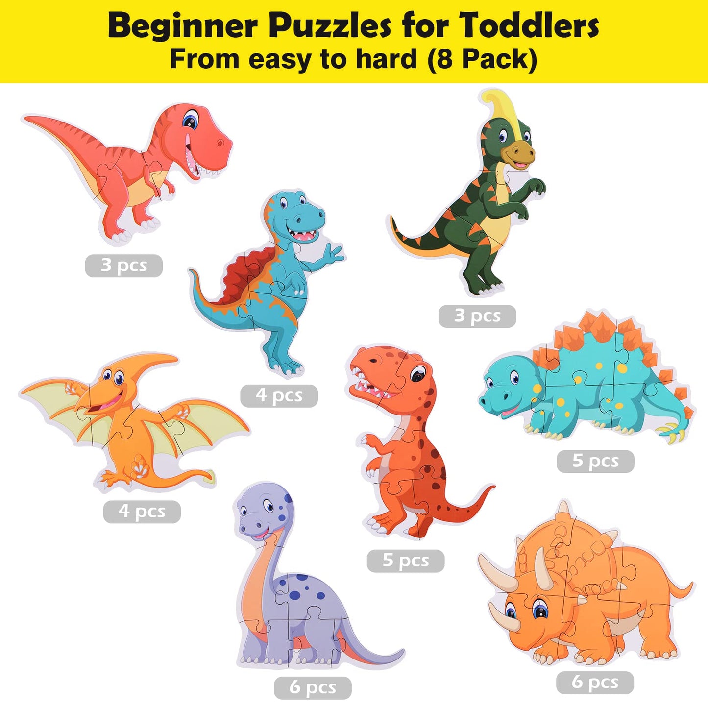 Beestech Beginner Dinosaur Puzzles for Toddlers - 8 Pack 3-6 Piece Jigsaw Learning Set