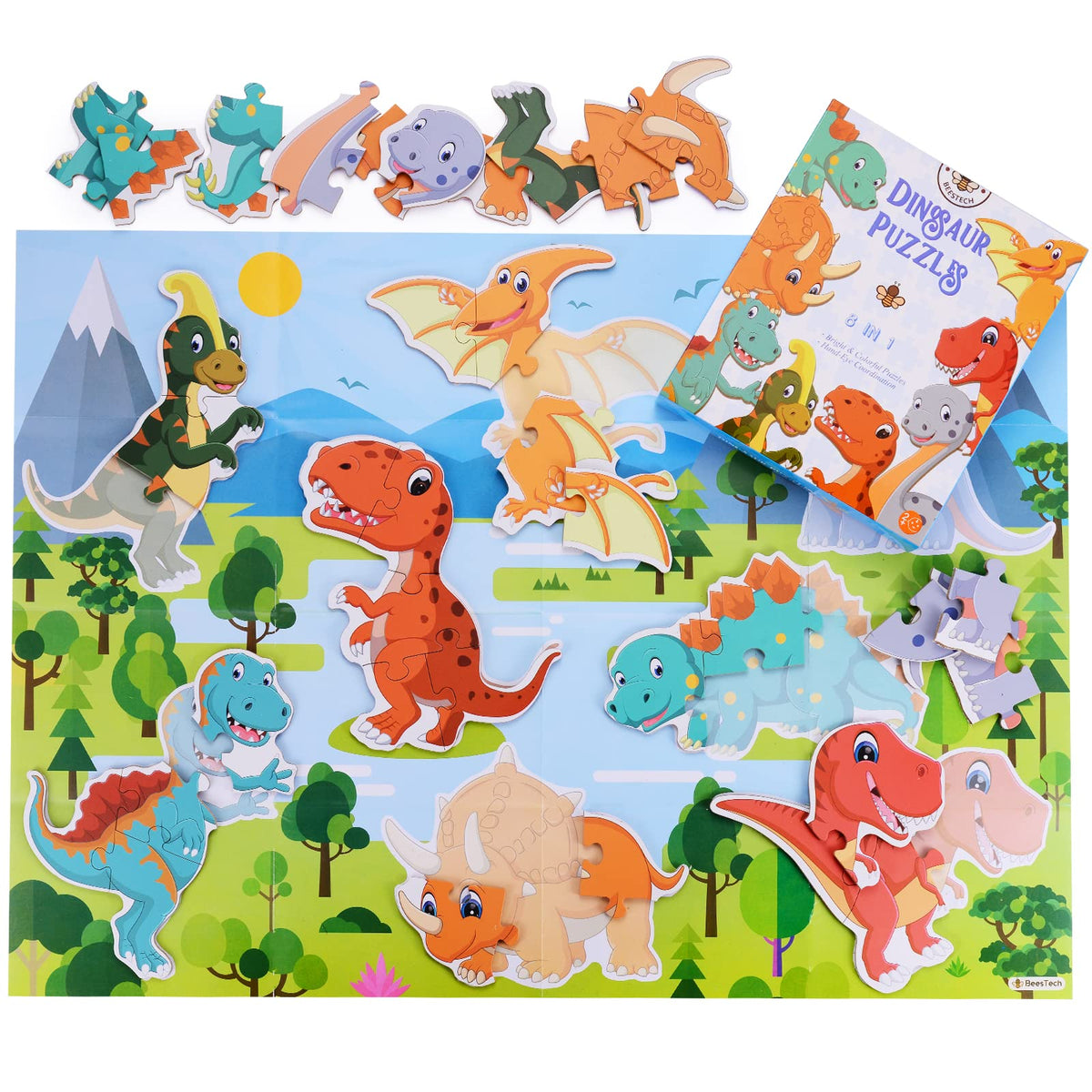 Beestech Beginner Dinosaur Puzzles for Toddlers - 8 Pack 3-6 Piece Jigsaw Learning Set