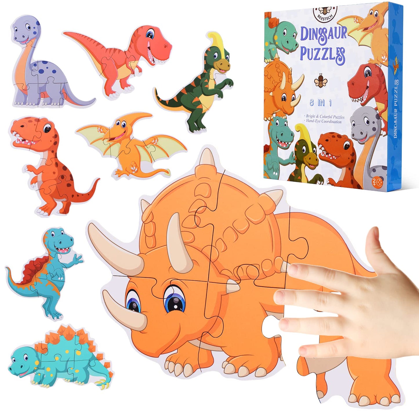 Beestech Beginner Dinosaur Puzzles for Toddlers - 8 Pack 3-6 Piece Jigsaw Learning Set