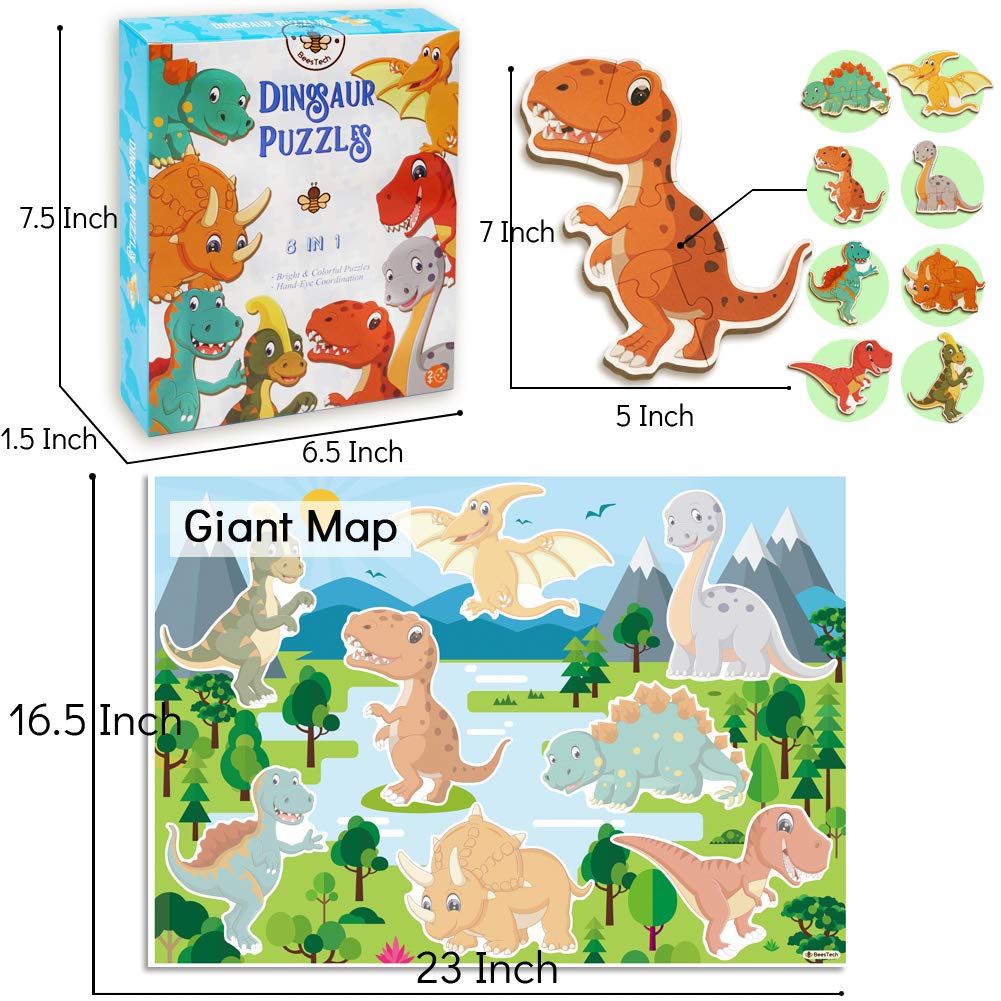 Beestech Beginner Dinosaur Puzzles for Toddlers - 8 Pack 3-6 Piece Jigsaw Learning Set