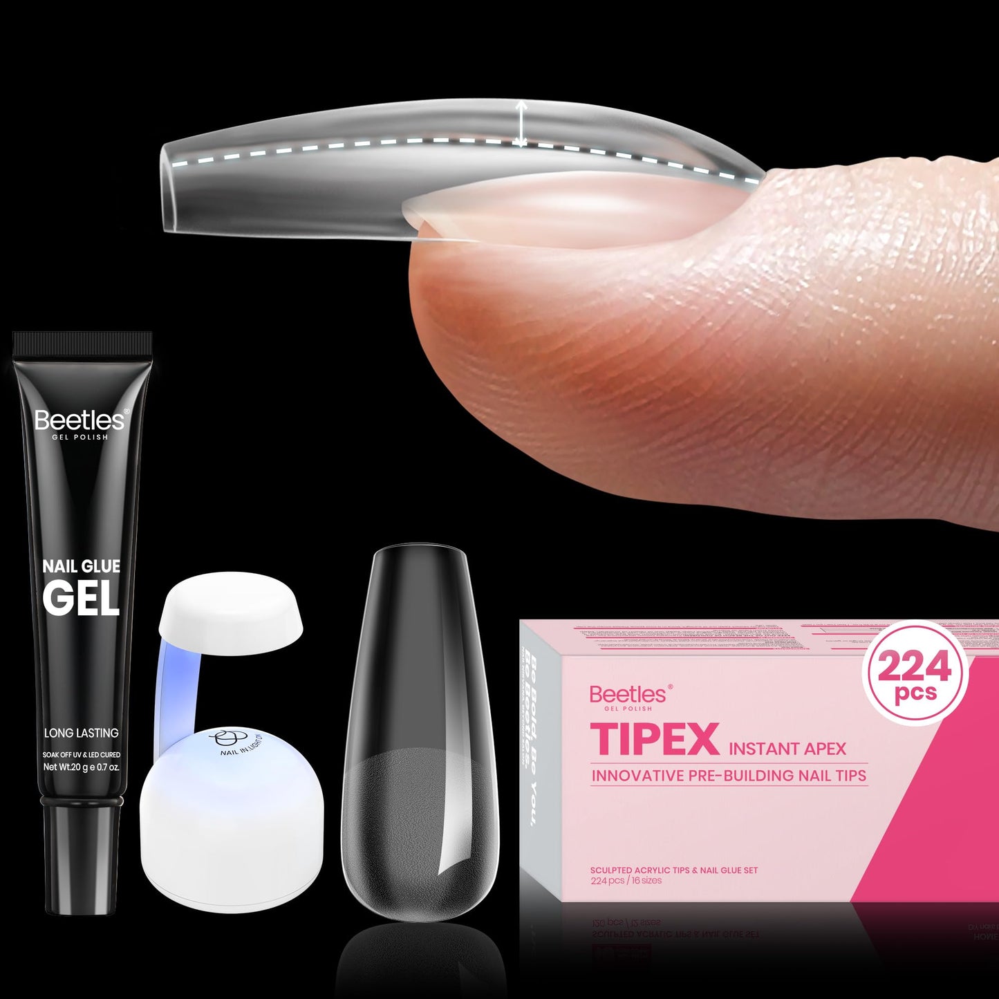 Beetles Tipex Nail Tips Kit Medium Coffin – 224 Pcs, 16 Sizes, Pre-etched, Stronger Acrylic Tips + Mini UV Lamp