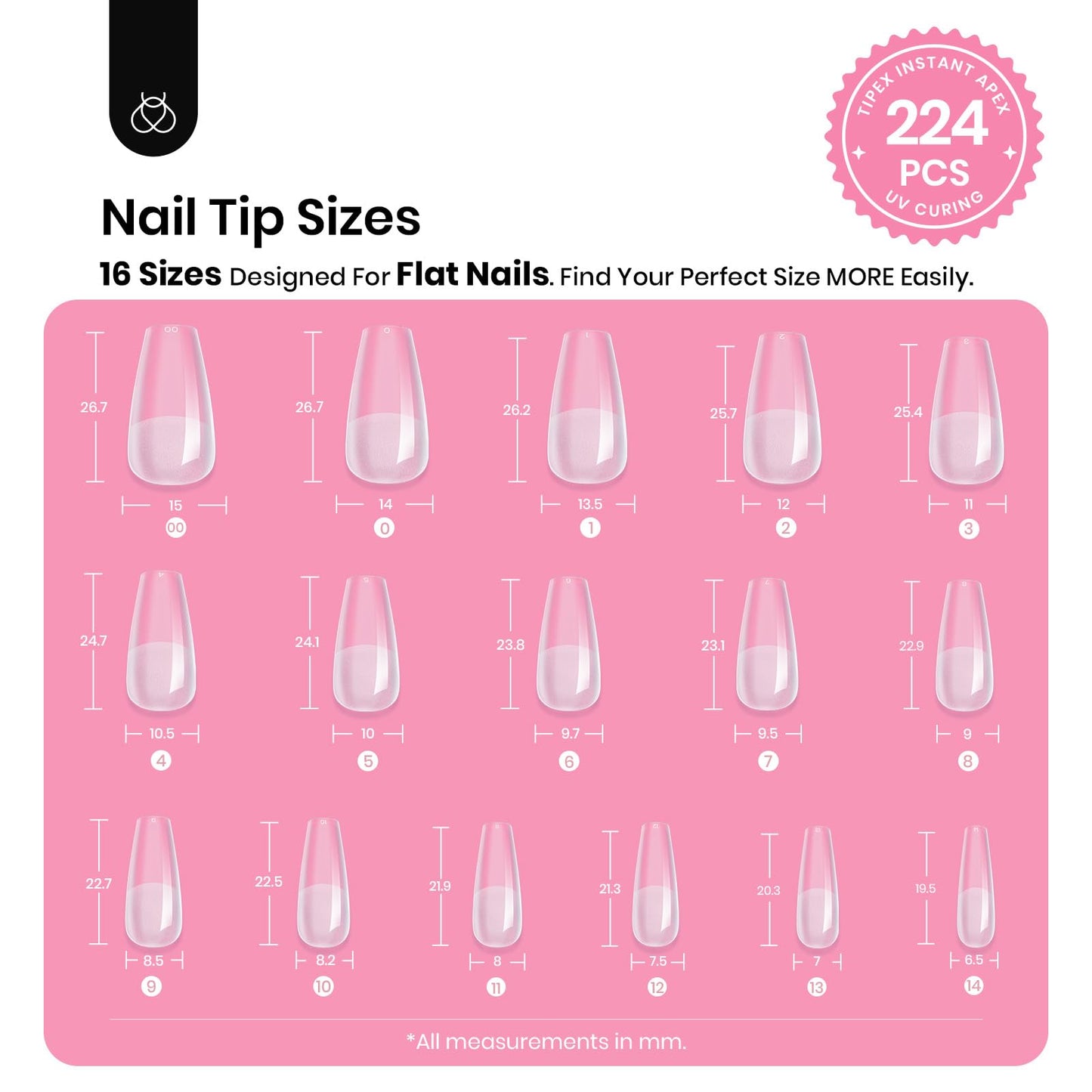 Beetles Tipex Nail Tips Kit Medium Coffin – 224 Pcs, 16 Sizes, Pre-etched, Stronger Acrylic Tips + Mini UV Lamp