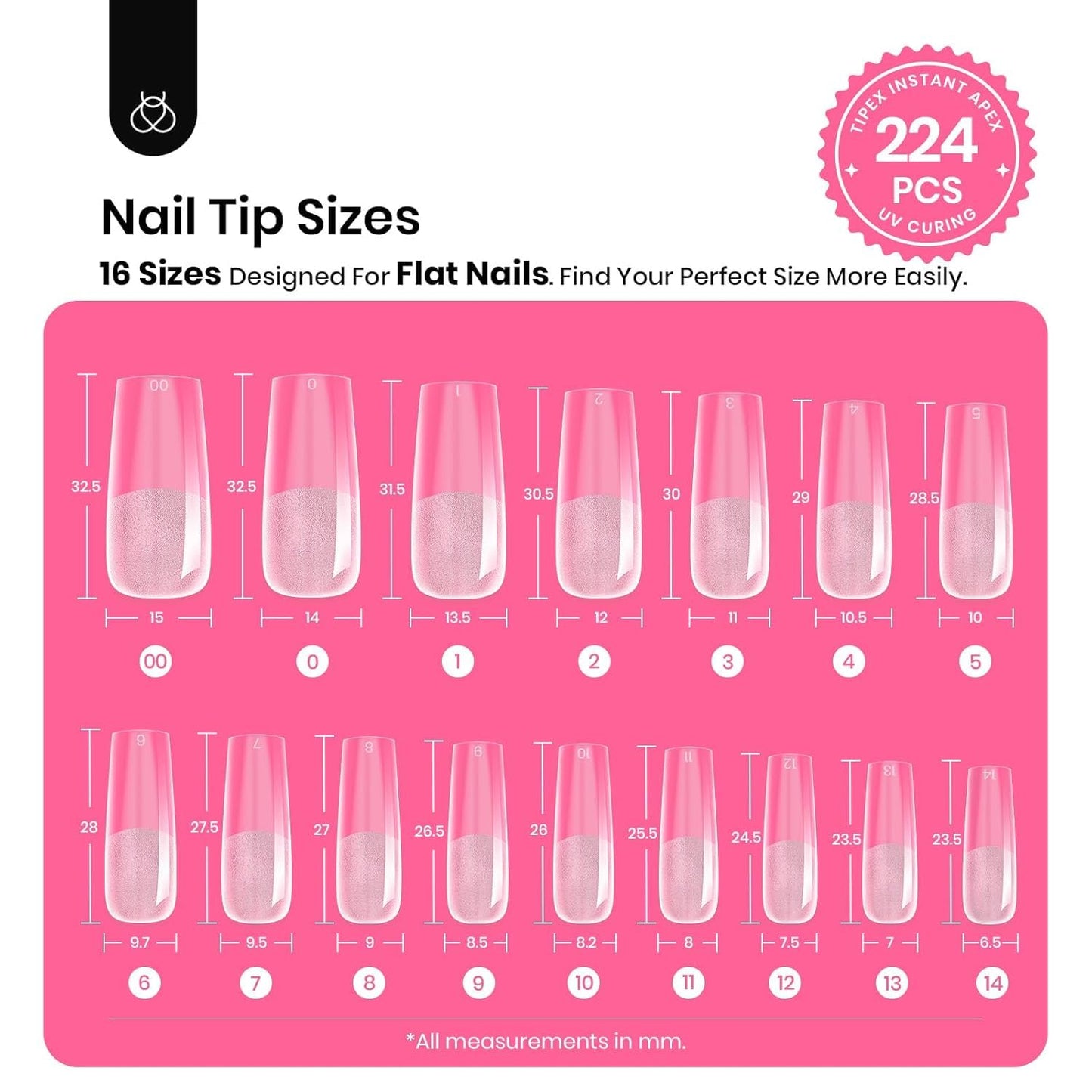 Beetles Tipex Nail Tips Kit Long Square – 224 Pcs, 16 Sizes, Pre-Etched Thick Tips, Mini UV Lamp & Glue