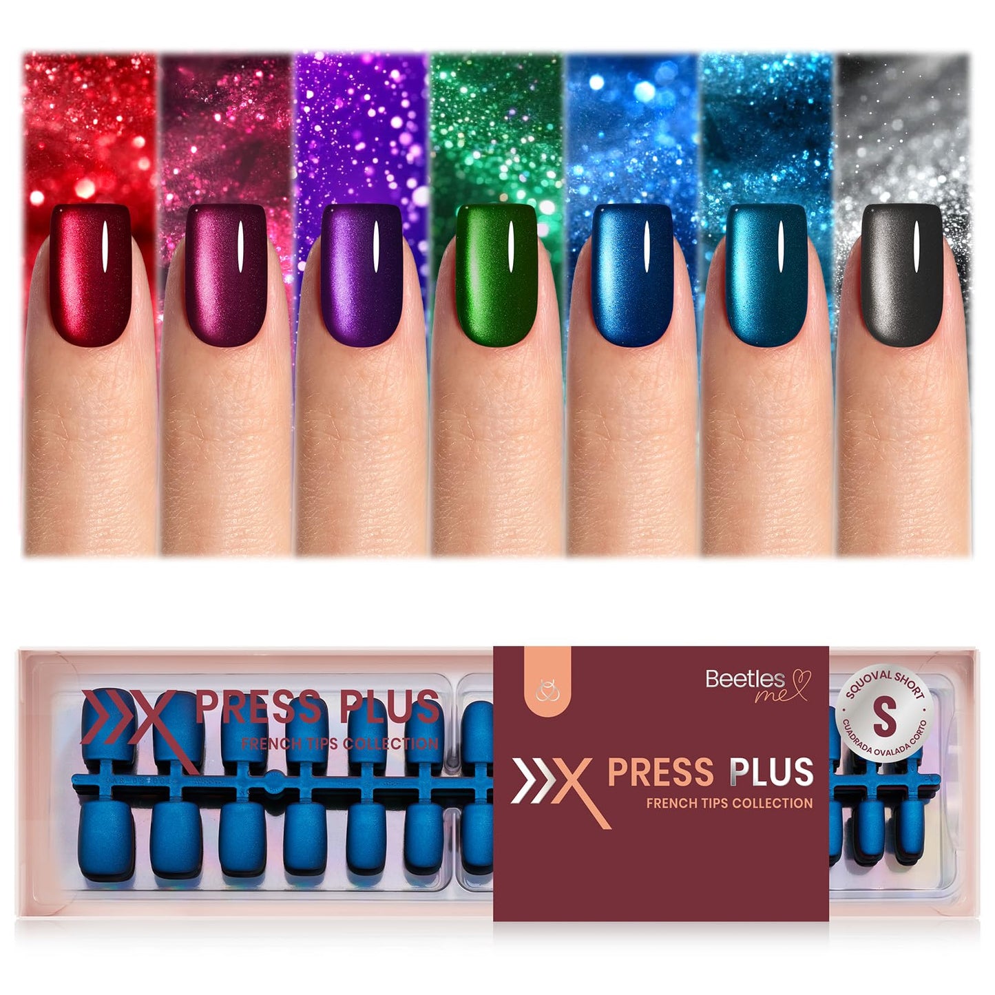 Beetles X Press Cat Eye Nails – 7 Colors, 16 Sizes, 224 Pcs | Short Square Press-On Nails