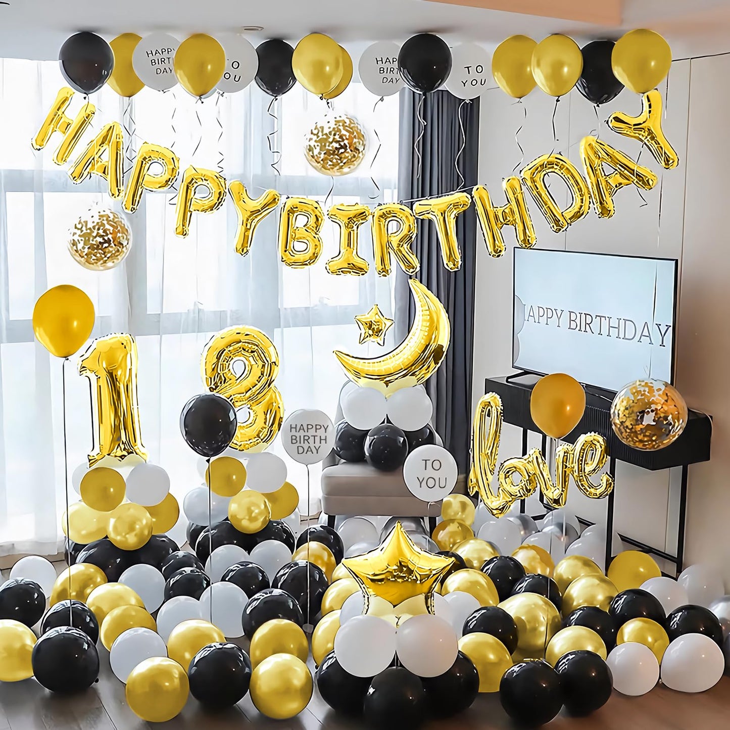 Beeyaky Happy Birthday Banner (3D Gold Mylar Foil) - 16-Inch Balloon Banner for Kids Parties