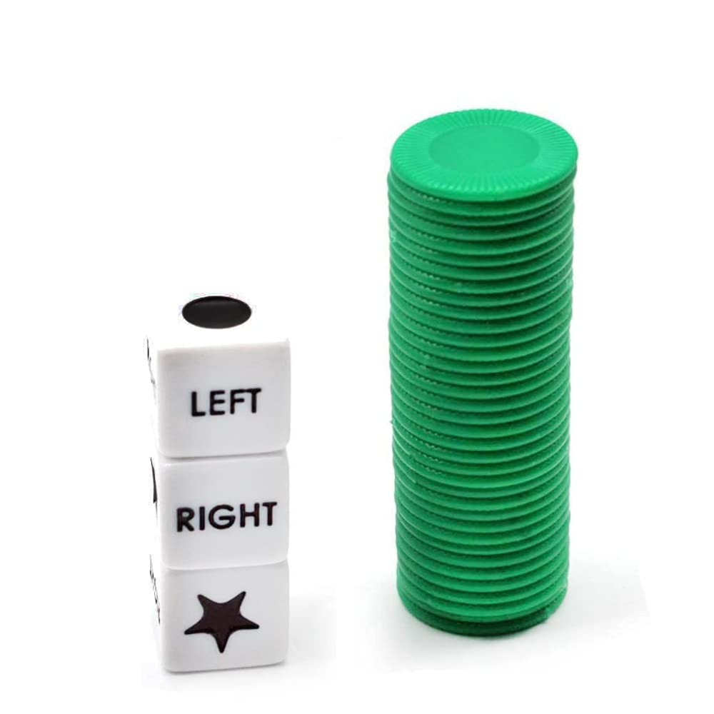 Befantasway Right Left Center Dice Game Set – 3 Dice + 36 Chips – Green