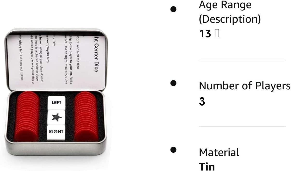 Befantasway Right Left Center Dice Game Set – 3 Dice, 36 Red Chips, Tin Case (Ages 13 and Up)