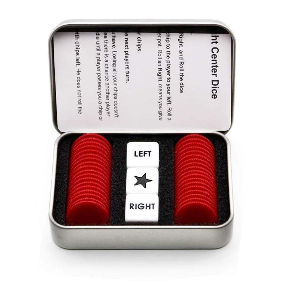 Befantasway Right Left Center Dice Game Set – 3 Dice, 36 Red Chips, Tin Case (Ages 13 and Up)