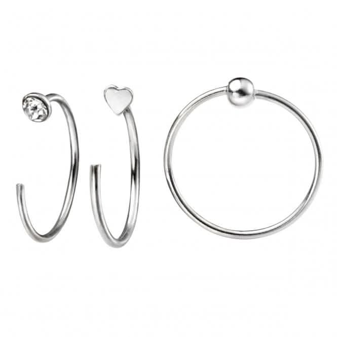 Beginnings Silver Set Of Three Nose Rings Crystal Ball & Heart nose stud T155