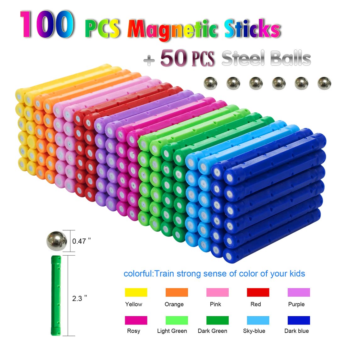 Beicarin 150Pcs Magnetic Building Sticks Blocks – 3D STEM Toy for Kids & Adults, with Storage Bag