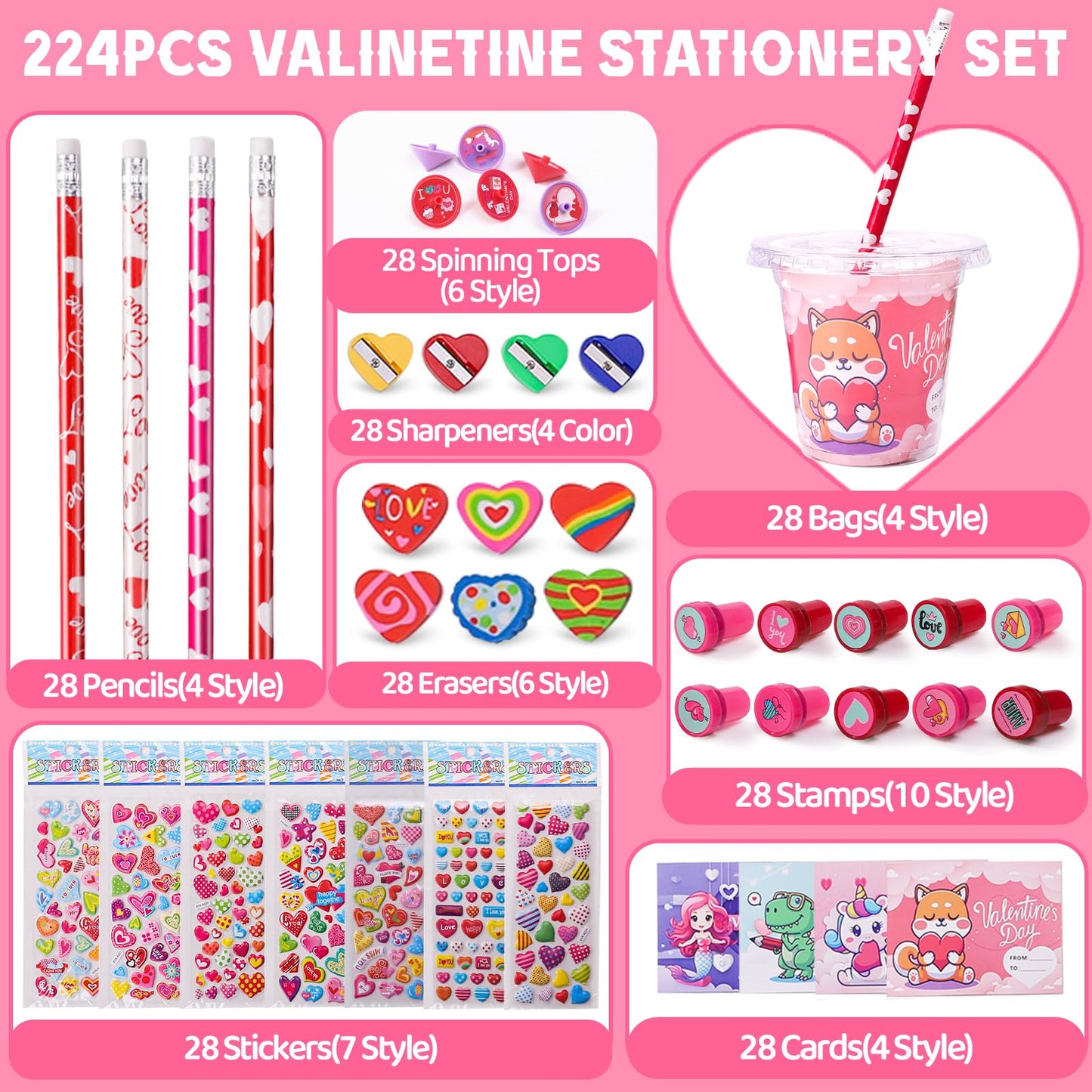 BEIKEETOO Valentines Day Classroom Gift Set – 224-Piece Stationery with Cups & Cards