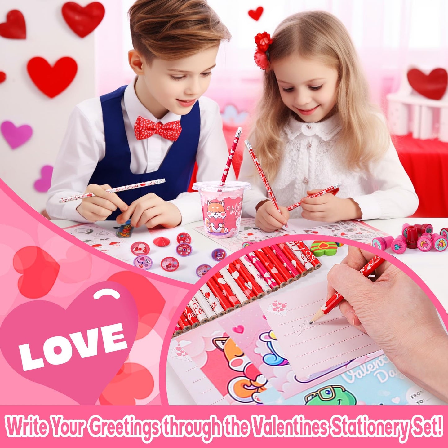 BEIKEETOO Valentines Day Classroom Gift Set – 224-Piece Stationery with Cups & Cards
