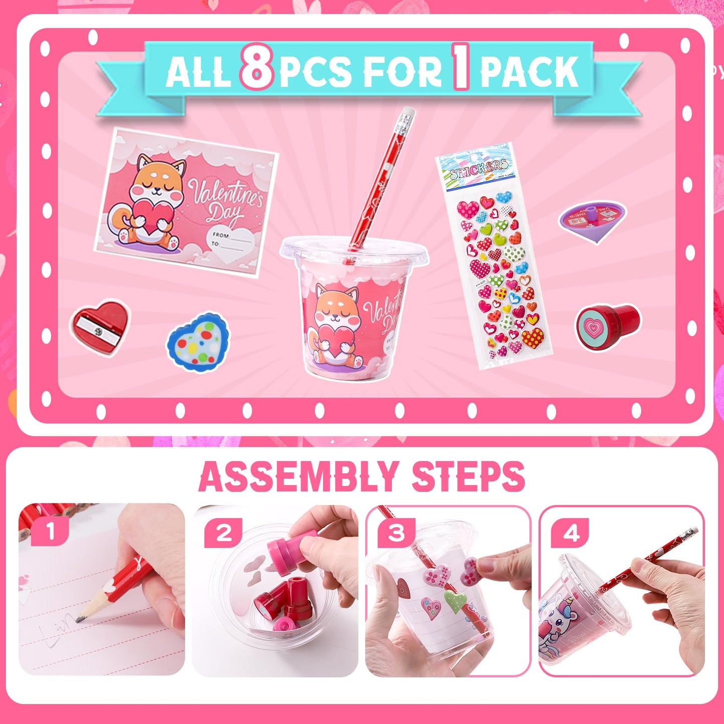 BEIKEETOO Valentines Day Classroom Gift Set – 224-Piece Stationery with Cups & Cards