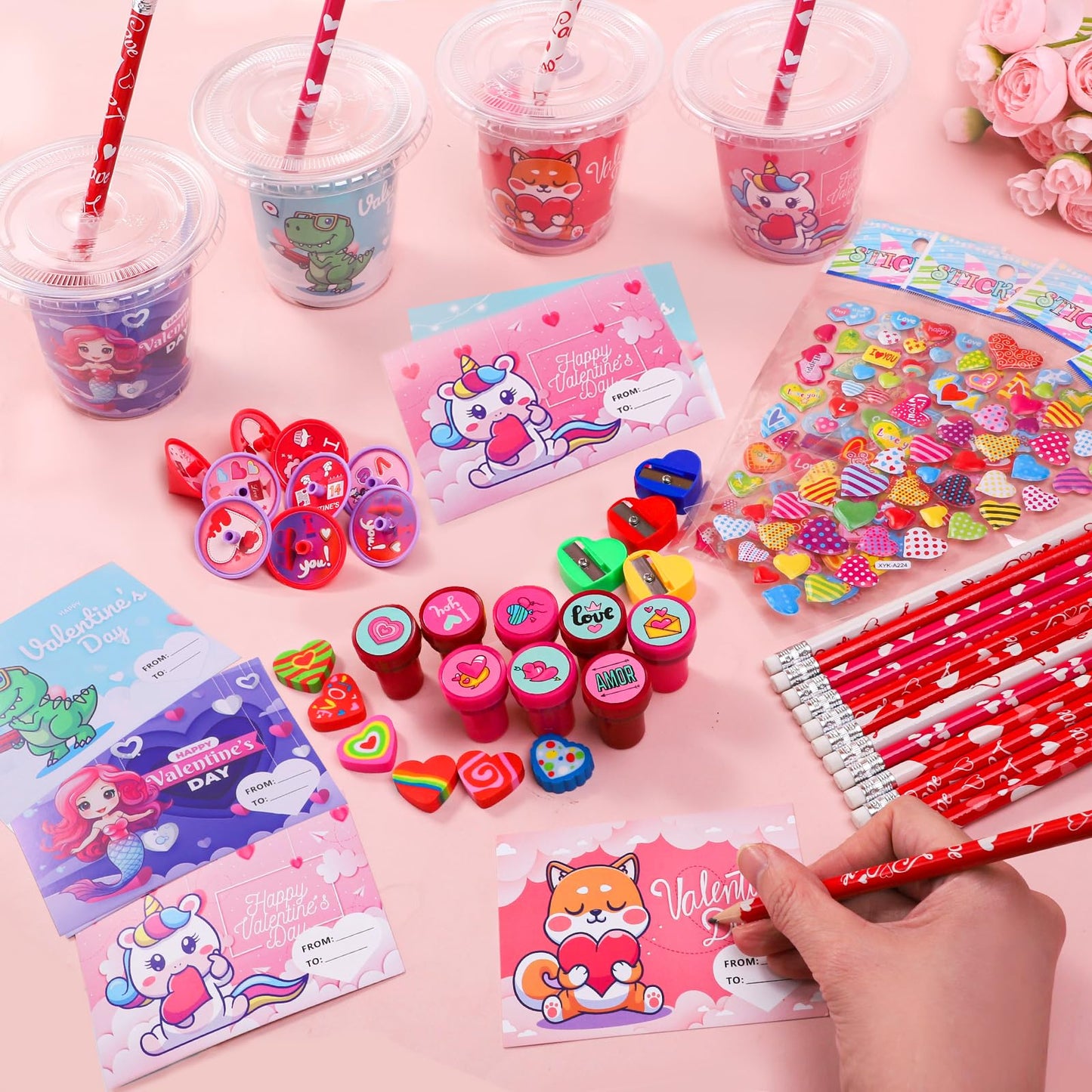 BEIKEETOO Valentines Day Classroom Gift Set – 224-Piece Stationery with Cups & Cards