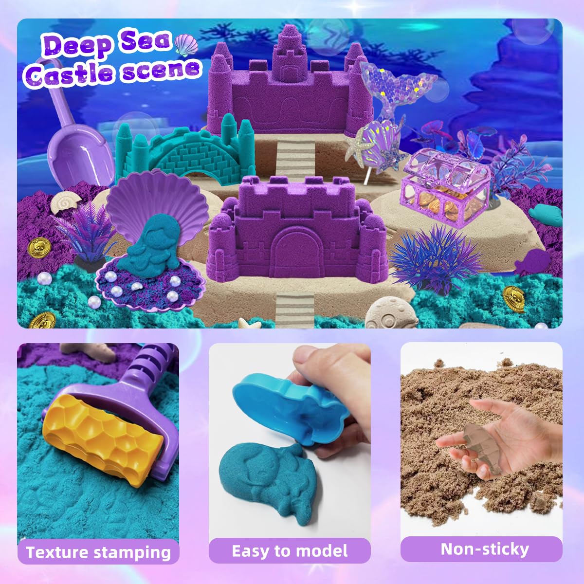 BEIREG Mermaid Sensory Bin Kit — 60-Piece Sand Set with 2lbs, 17 Molds, 12 Tools, for Ages 3-8