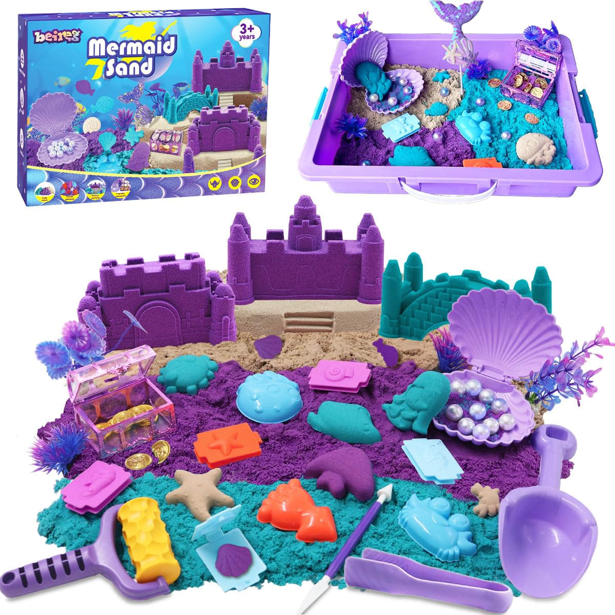 BEIREG Mermaid Sensory Bin Kit — 60-Piece Sand Set with 2lbs, 17 Molds, 12 Tools, for Ages 3-8