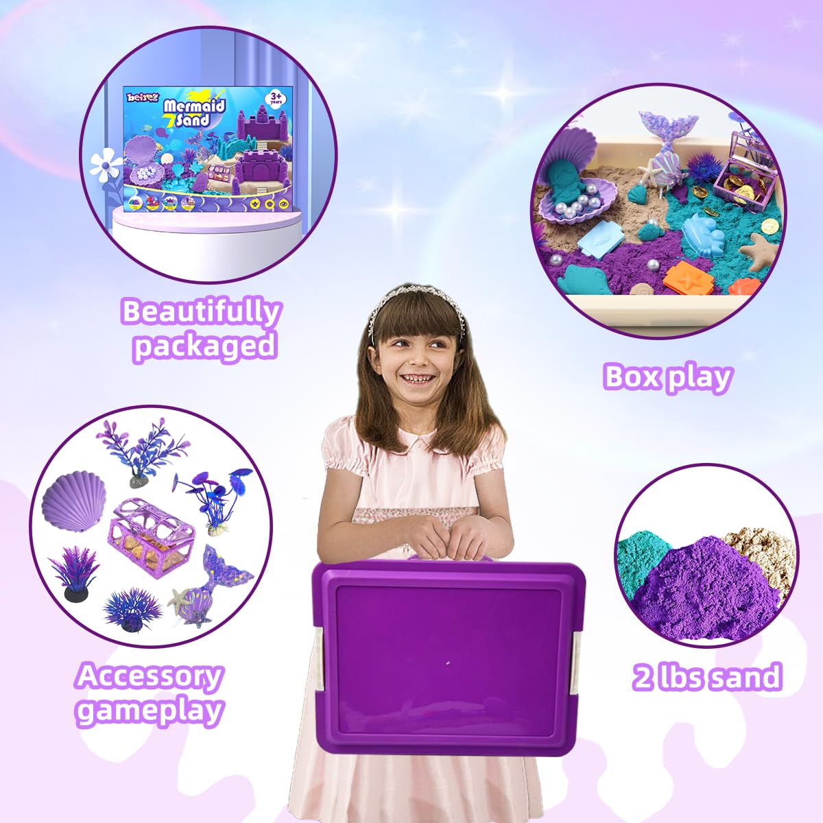 BEIREG Mermaid Sensory Bin Kit — 60-Piece Sand Set with 2lbs, 17 Molds, 12 Tools, for Ages 3-8