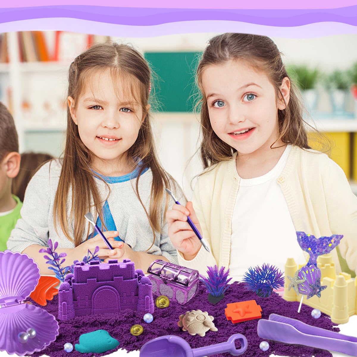 BEIREG Mermaid Sensory Bin Kit — 60-Piece Sand Set with 2lbs, 17 Molds, 12 Tools, for Ages 3-8