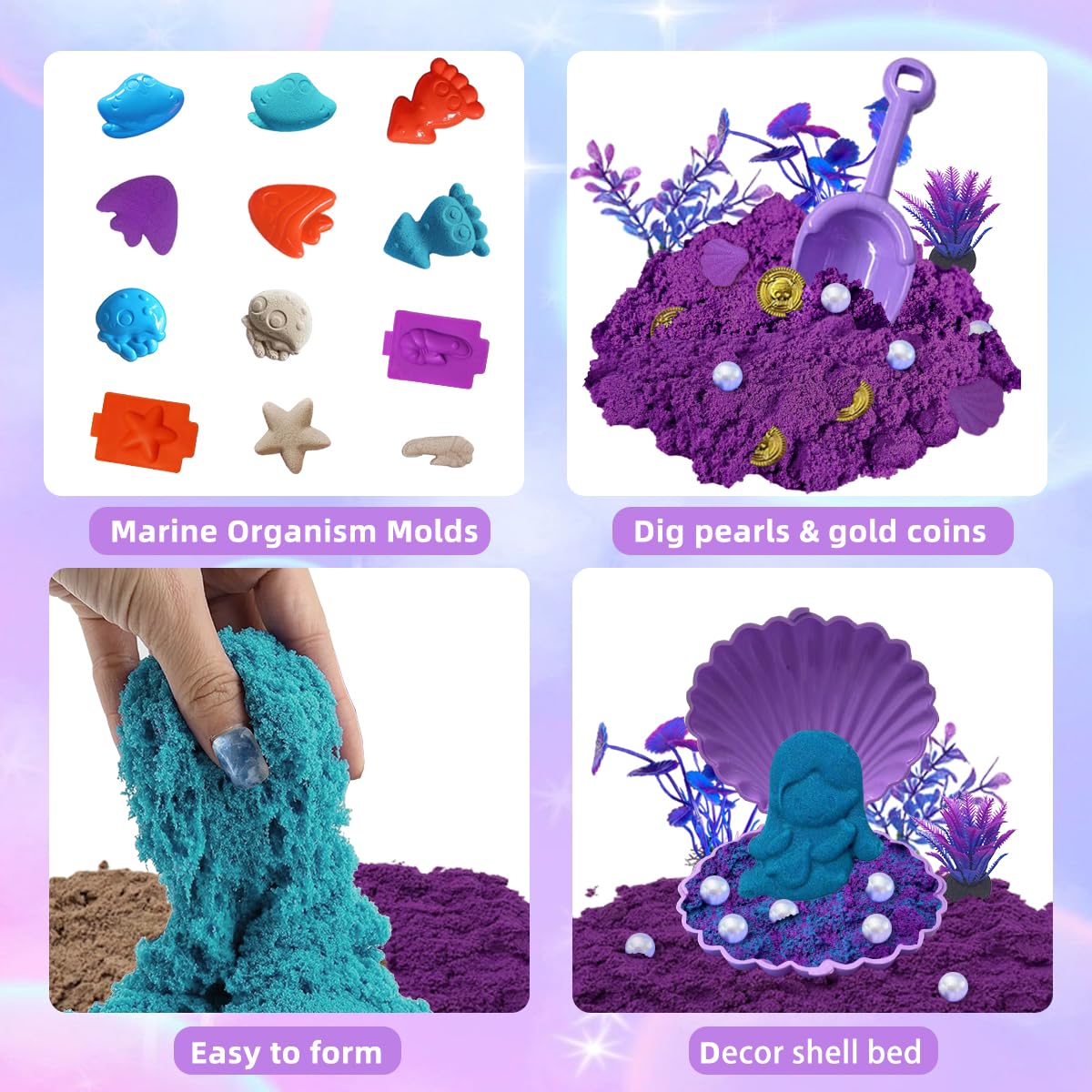 BEIREG Mermaid Sensory Bin Kit — 60-Piece Sand Set with 2lbs, 17 Molds, 12 Tools, for Ages 3-8