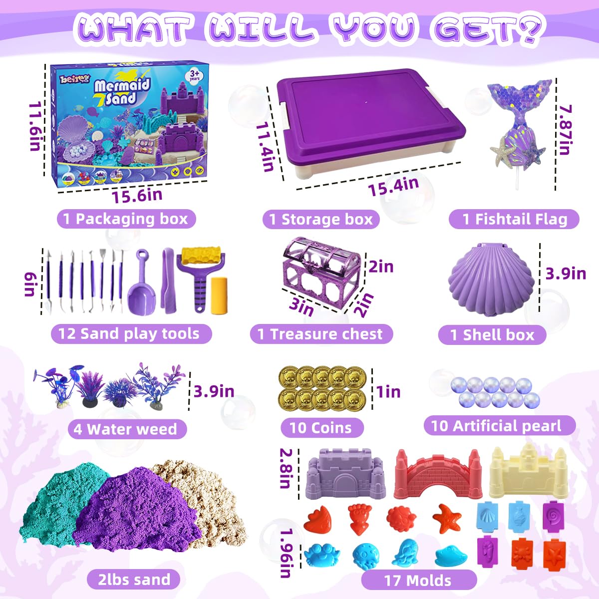 BEIREG Mermaid Sensory Bin Kit — 60-Piece Sand Set with 2lbs, 17 Molds, 12 Tools, for Ages 3-8