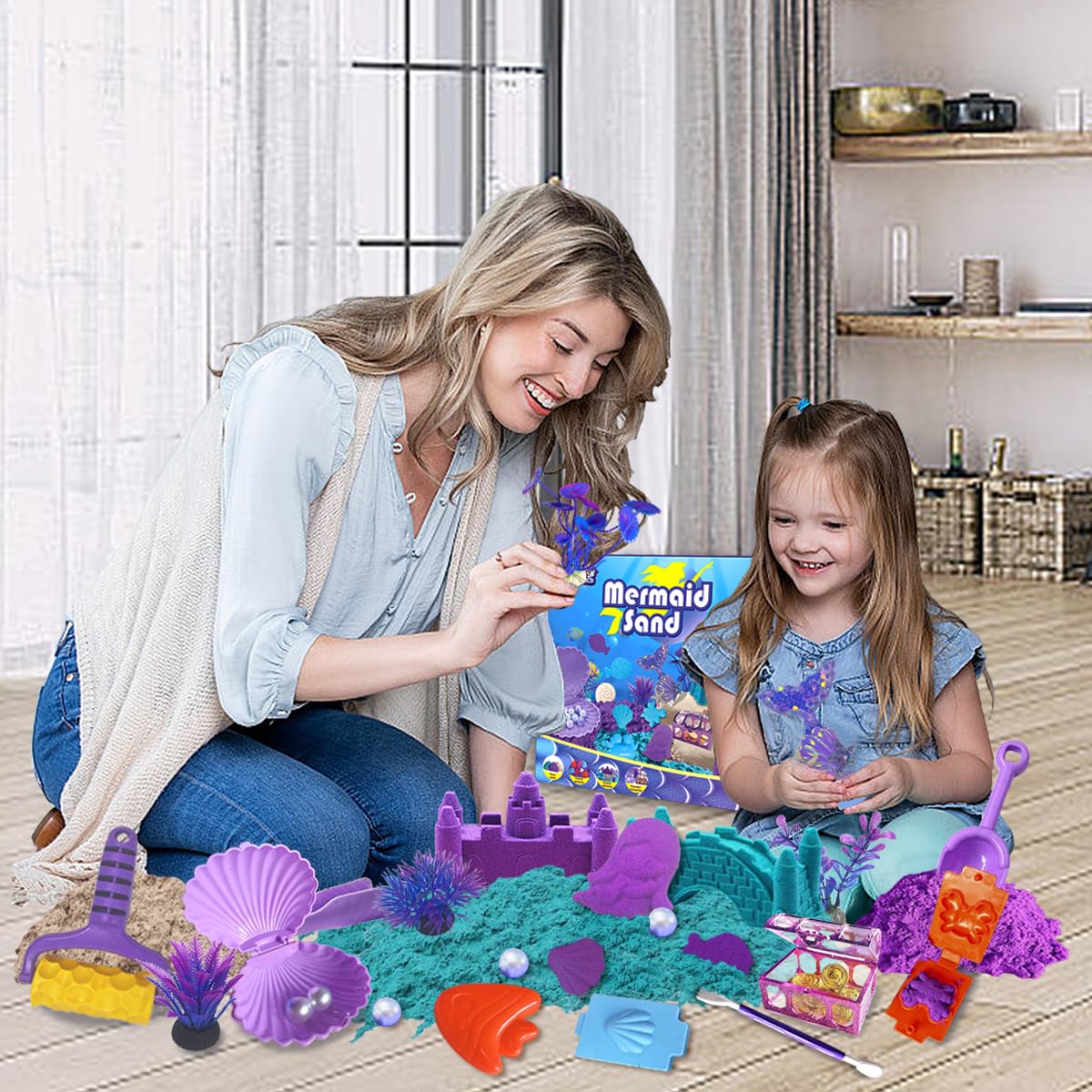 BEIREG Mermaid Sensory Bin Kit — 60-Piece Sand Set with 2lbs, 17 Molds, 12 Tools, for Ages 3-8